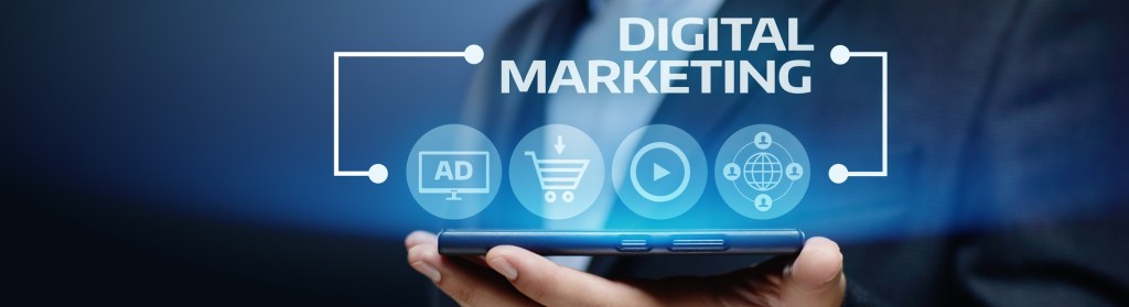 A person holding a smartphone with digital marketing icons and the text 'DIGITAL MARKETING' displayed in a professional setting.